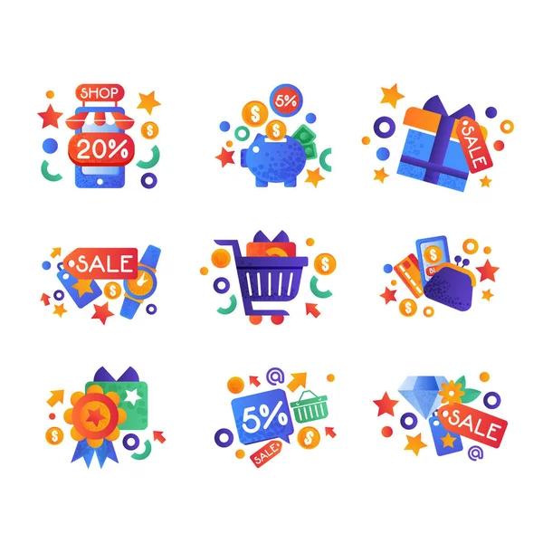 Набор символов для покупок, интернет-шоппинг, вектор концепции электронной коммерции Иллюстрация на белом фоне — стоковый вектор