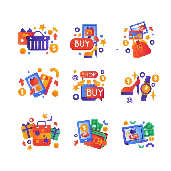 Ensemble de symboles de vente d'achats, achats sur Internet, concept de commerce électronique vecteur coloré Illustration sur fond blanc — Image vectorielle