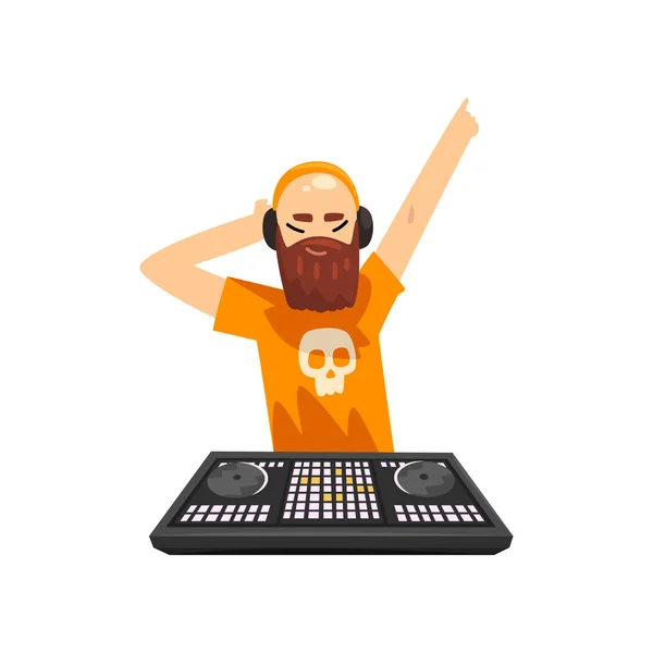 Male hipster DJ in headphones playing track and mixing music on mixer console deck vector Illustration on a white background — Stock Vector
