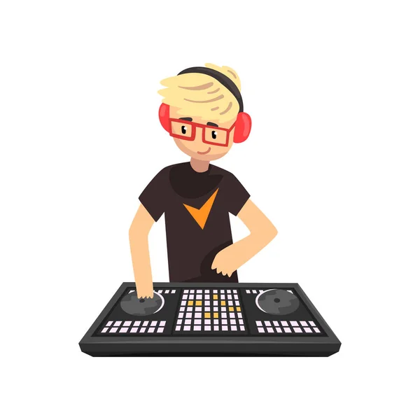 Male DJ mixing music on vinyl turntables, young man playing music on mixer console deck vector Illustration on a white background — Stock Vector