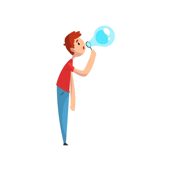 Adolescente chico soplando jabón burbuja dibujos animados vector Ilustración sobre un fondo blanco — Archivo Imágenes Vectoriales