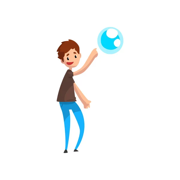 Adolescente chico apuntando su dedo a jabón burbuja de dibujos animados vector Ilustración sobre un fondo blanco — Vector de stock