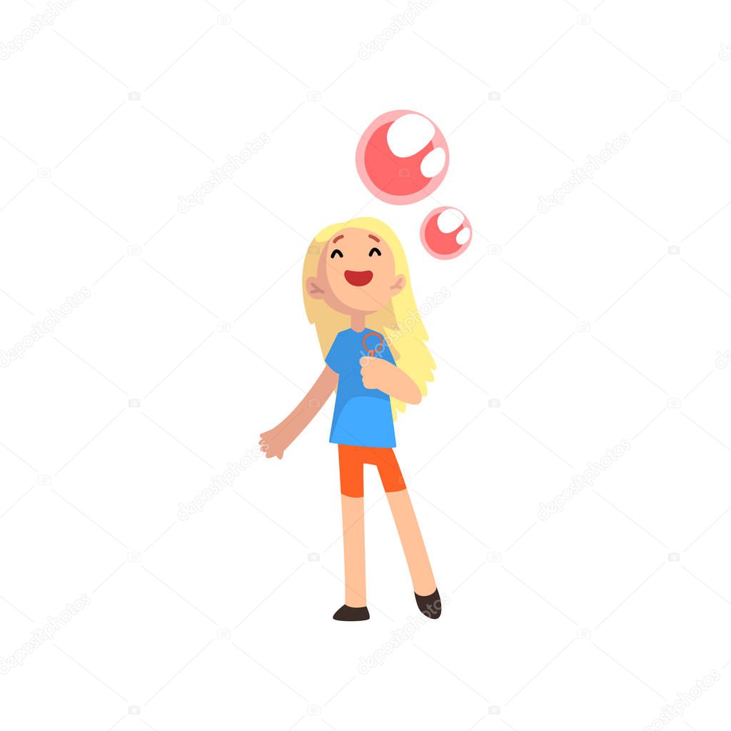 Cute blonde little girl playing with soap bubbles cartoon vector Illustration on a white background