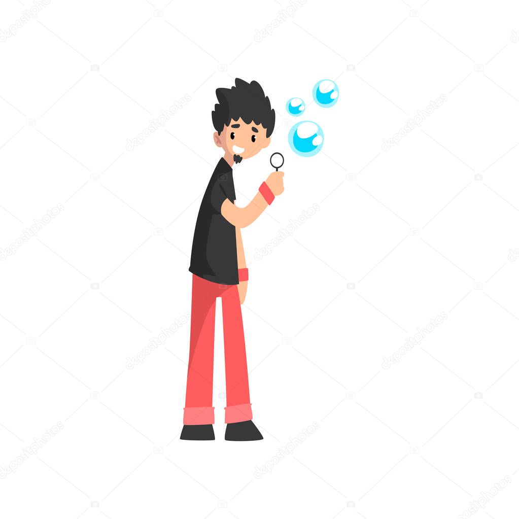 Young smiling man blowing soap bubble cartoon vector Illustration on a white background