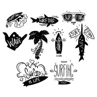 Logo koymak, motivasyona alınan, çizilmiş tasarım elementa kullanılan surf club, Dükkanı, giyim baskı, amblem, rozet, etiket, el ilanı, için el Rüzgar Sörfü sörf poster vektör çizim