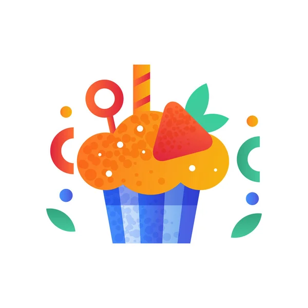 Cupcake dekorerad med jordgubbar, söta läcker dessert element vektor Illustration på vit bakgrund — Stock vektor