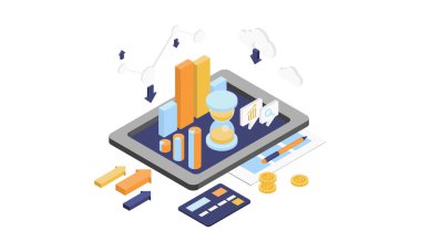 Bilgisayar veri analizi, web geliştirme, iletişim teknolojisi, beyaz bir arka plan üzerinde modern elektronik cihaz vektör çizim