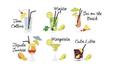 Alkollü kokteyller set, Tom Collins, Mojito, sahilde seks, tekila sunrise, Margarita, Cuba libre vektör çizim beyaz bir arka plan