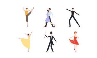 Profesyonel dansçı klasik dans ve modern danslar ayarla, Genç adam ve kadın dans vektör çizim yapmak zarif kılığına girmiş
