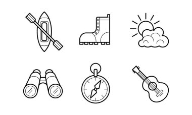 Yürüyüş ve doğrusal Icons set, rekreasyon, kamp açık hava etkinlikleri semboller üzerinde beyaz bir arka plan illüstrasyon vektör