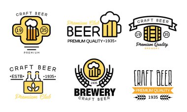 Zanaat bira logo koymak, vintage bira premium kalite etiketleri, bira evi, bar, pub, beyaz bir arka plan üzerinde şirket vektör çizim bira rozetleri