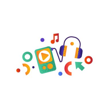 Kitle iletişim araçları oyuncu ve kulaklık, beyaz bir arka planda müzik aygıt vektör çizim