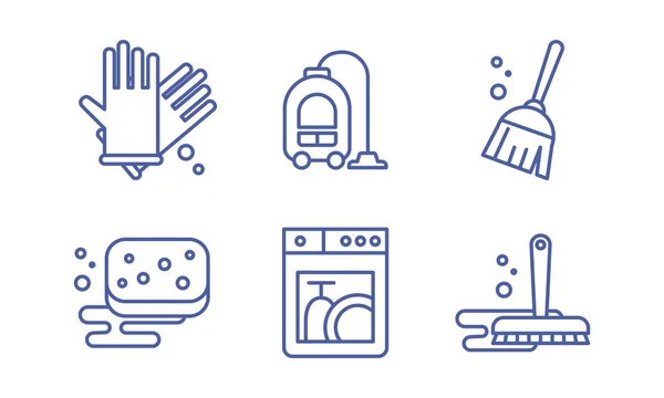 Schoonmaak- en huishouden pictogrammen ingesteld, wassen, het opruimen van tekenen, schoonmaak leveringen vector illustratie op een witte achtergrond — Stockvector
