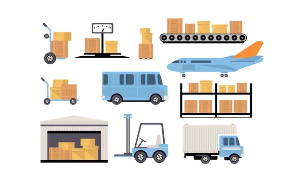 Magazzino merci e logistica, costruzione di magazzini, scaffali con merci, vettore di trasporto merci e scarico Illustrazione — Vettoriale Stock