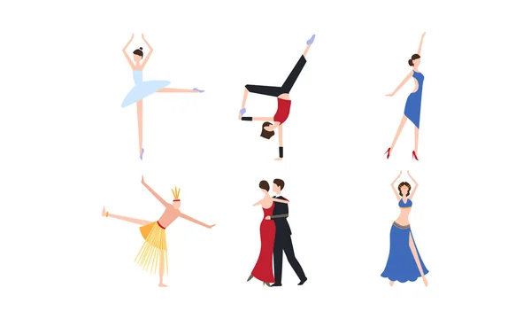 Bailarines profesionales bailando danzas clásicas, modernas y tribales set vector Ilustración sobre fondo blanco — Archivo Imágenes Vectoriales