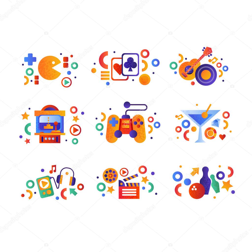 Entertainment symbols set, playing cards, music entertainment performance equipment, arcade game machine, movie clapperboard, bowling pins and ball vector Illustration