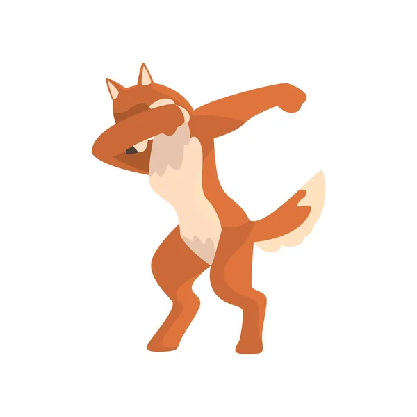 Fox de pie en pose de baile de doblaje, lindo animal salvaje de dibujos animados haciendo doblaje vector Ilustración sobre un fondo blanco — Vector de stock