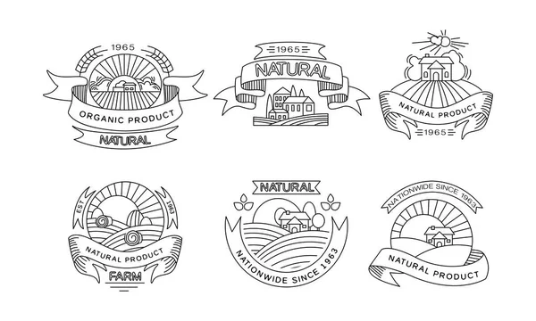 Doğal organik ürün logolar set, retro etiketleri, Amblemler çiftlik market, doğal ürünler ambalaj, restoran menü, taze Eko frindly gıda vektör çizim