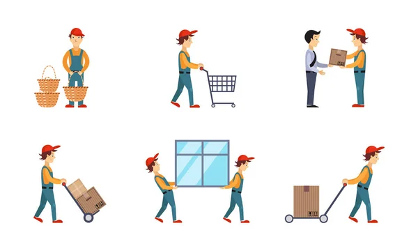 宅配便または配達男性セット、注文、ボックス、小包を提供する労働者は、白い背景の上配信サービス概念ベクトル図を表現します。 — ストックベクタ