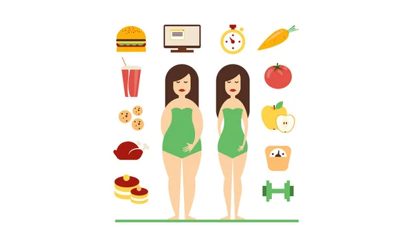 肥胖和苗条的女性人物, 快餐和健康饮食, 坏习惯和健康的生活方式向量例证在白色背景 — 图库矢量图片
