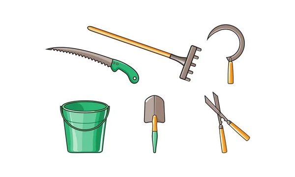 Outils de jardinage icônes ensemble, seau, râteau, scie, faucille, cisailles de jardin, scoop vecteur Illustration sur un fond blanc — Image vectorielle