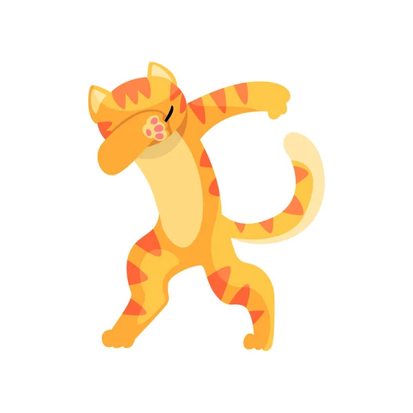 Kat permanent in dub dansen pose, leuke tekenfilm dieren doen nasynchronisatie vector illustratie op een witte achtergrond — Stockvector