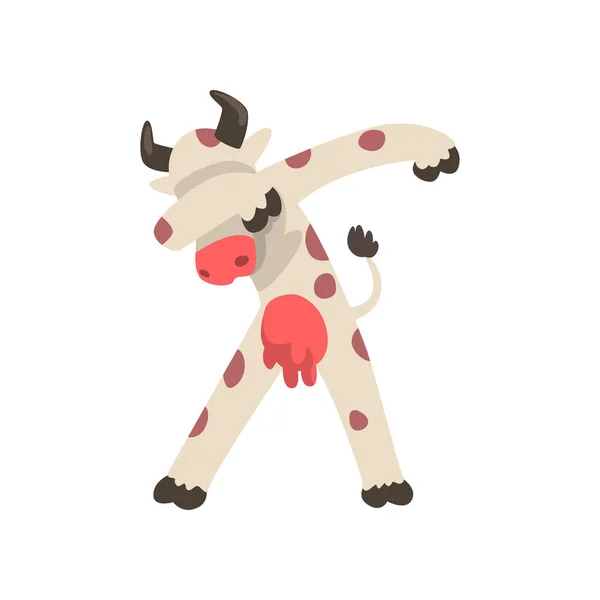 Bonte koe staande in dub dansen pose, cute cartoon dierlijke doen nasynchronisatie vector illustratie op een witte achtergrond — Stockvector