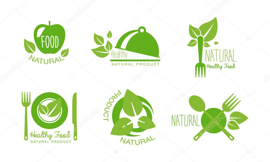 Healthy natural product logos set, eco, organic, vegan, raw, healthy food green labels vector Illustration on a white background