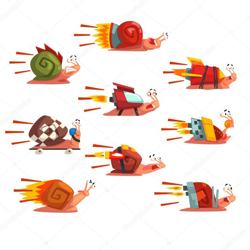 Fast snails set, funny cartoon mollusk characters with turbo rocket speed boosters vector Illustration on a white background