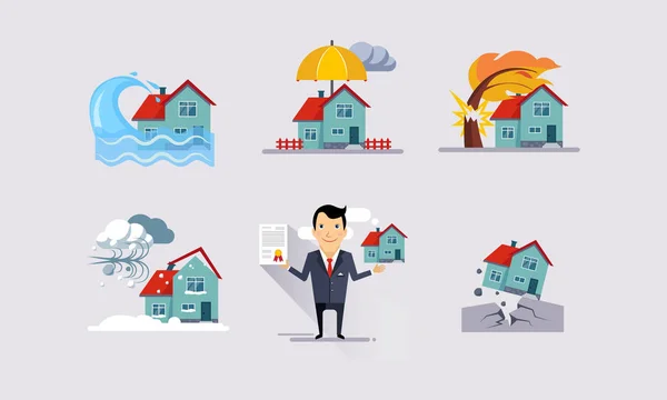 Set di icone assicurative, calamità naturali, protezione della proprietà, assicurazione e rischio eventi assicurati vettore Illustrazione — Vettoriale Stock