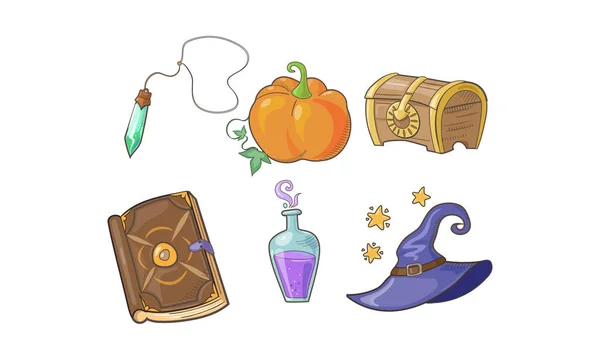 Magical signs set, Halloween symbols, potion bottle, magic crystal, pumpkin, wizard hat, magic book vector Illustration on a white background — Stock Vector