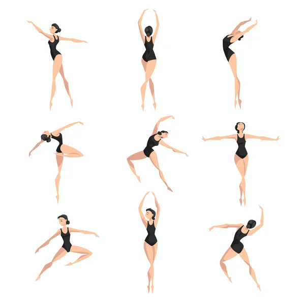 年轻的专业芭蕾舞演员舞蹈集, 古典芭蕾舞演员在黑色紧身衣向量例证在白色背景 — 图库矢量图片