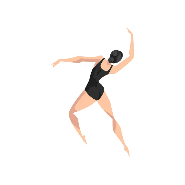 Jonge professionele ballerina dancing, klassieke balletdanser in zwarte leotard vector illustratie op een witte achtergrond — Stockvector