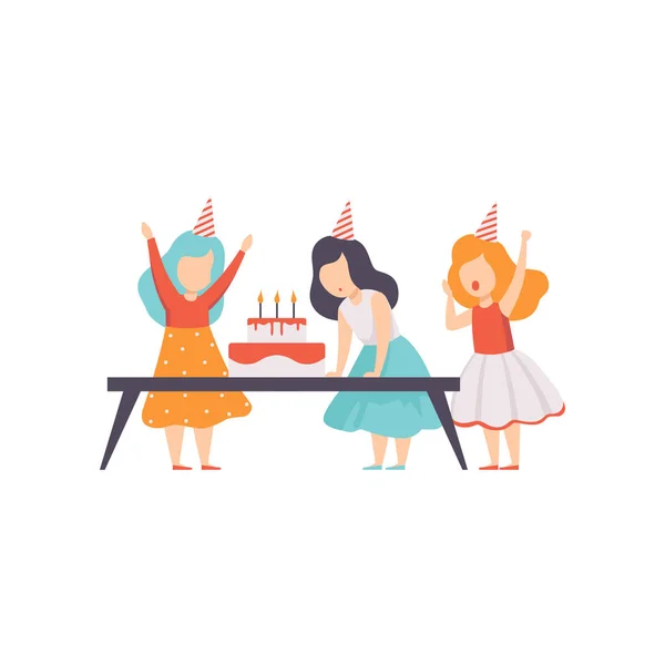 Ragazza che soffia candele con i suoi amici, bambini che celebrano il vettore di compleanno Illustrazione su uno sfondo bianco — Vettoriale Stock