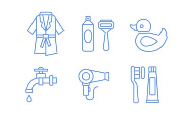 Banyo Icons set, bornoz, tıraş, traş jeli, musluk suyu, saç kurutma makinesi, diş fırçası ve Yapıştır doğrusal semboller üzerinde beyaz bir arka plan illüstrasyon vektör
