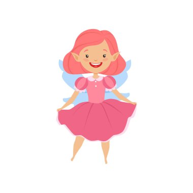 Sevimli güzel küçük kanatlı peri, saç ve pembe renkleri vektör çizim beyaz bir arka plan üzerinde elbise ile güzel kız