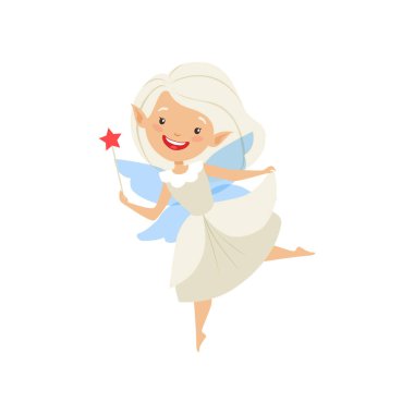 Sevimli güzel küçük kanatlı peri, saç ve elbise beyaz bir arka plan üzerinde beyaz renk vektör çizim ile güzel kız