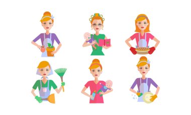 Kadın günlük rutin kümesi, ousewife temizlik ve housekeeping vektör çizim beyaz bir arka plan üzerinde