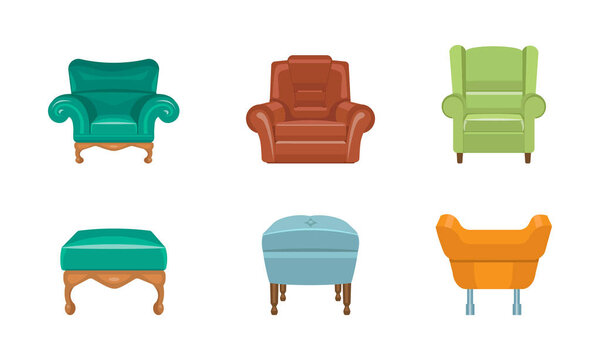Chairs and armchairs set, colorful comfortable furniture vector Illustration on a white background