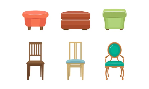 寝室プーフと椅子のセット、白地にカラフルな快適な家具のベクトル図 — ストックベクタ