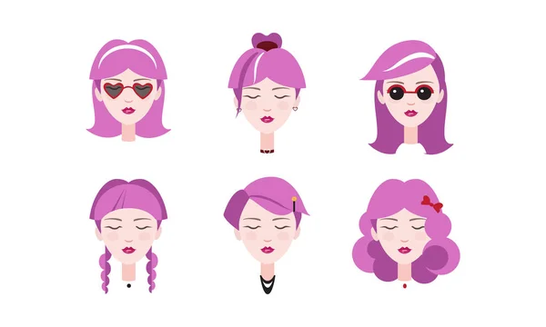 Ορισμός επικεφαλής του όμορφα κορίτσια με μοβ μαλλιά, διαφορετικοί τύποι γυναικεία χτενίσματα εικονογράφηση διάνυσμα σε λευκό φόντο — Διανυσματικό Αρχείο