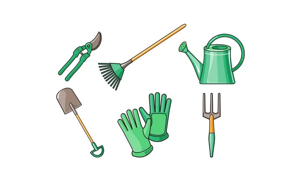 Κηπουρική Εργαλεία εικόνες set, Κονταροπρίονο, φτυάρι, τσουγκράνα ανεμιστήρα, γάντια, ποτιστήρι, πιρούνι διανυσματικά εικονογράφηση σε λευκό φόντο — Διανυσματικό Αρχείο