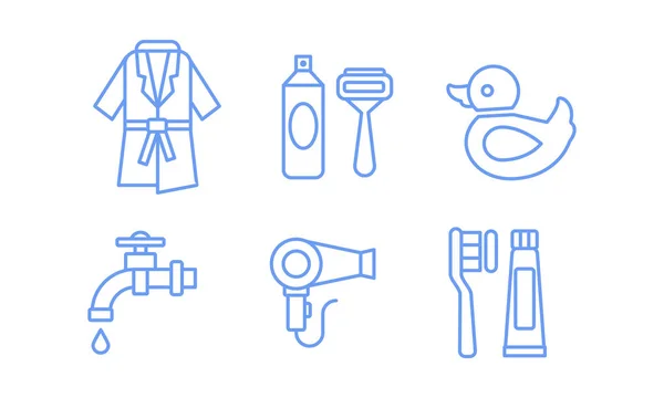 Badrum ikoner, razor, Vattenkran, rakgel, badrock, hårtork, samt tandborste och klistra in linjär symboler vektor Illustration på vit bakgrund — Stock vektor