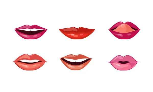 Kadın dudaklar ayarla, farklı ruj renkleri ile ağız ve çeşitli duygular üzerinde beyaz bir arka plan illüstrasyon vektör — Stok Vektör