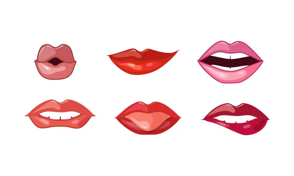 Conjunto de labios de mujer, boca femenina con diferentes colores de lápiz labial y varias emociones vector Ilustración sobre un fondo blanco — Vector de stock