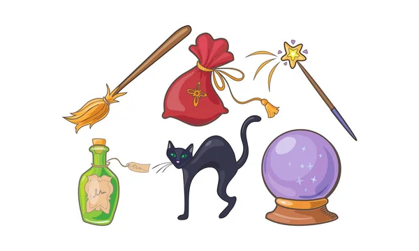 Magic and spell signs set, Halloween holiday magical elements, crystal ball, broom, potion bottle, black cat vector Illustration on a white background — Stock Vector