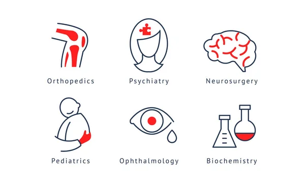 Medical specialization symbols set, orthopedics, psychiatry, neurosurgery, biochemistry, pediatrics, ophthalmology vector Illustration on a white background — Stock Vector