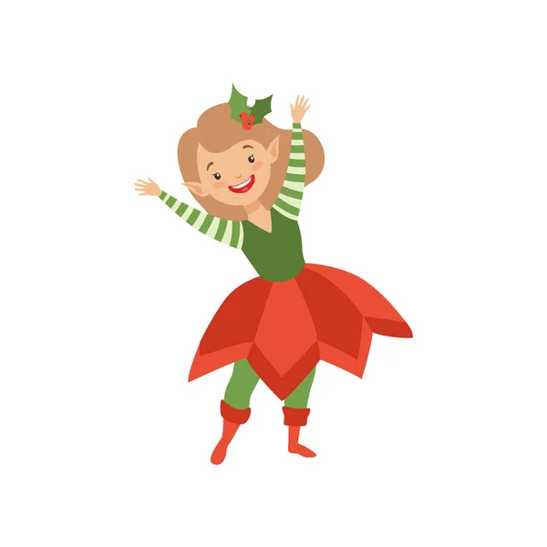 Preciosa chica feliz en traje de elfo, pequeño vector ayudante de Santa Claus Ilustración sobre un fondo blanco — Vector de stock