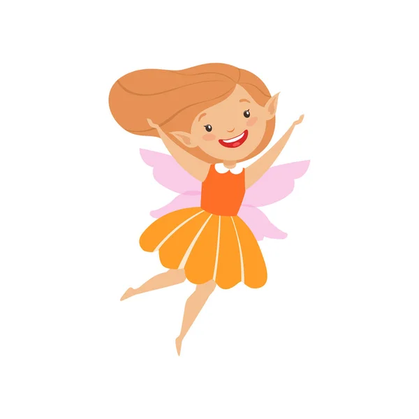 Aranyos szép kis szárnyas tündér, szép boldog lány narancssárga ruha vektoros illusztráció egy fehér háttér — Stock Vector