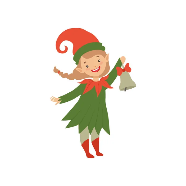 かわいいハッピー クリスマス エルフの女の子ベル ベクトル図が白い背景に分離 — ストックベクタ
